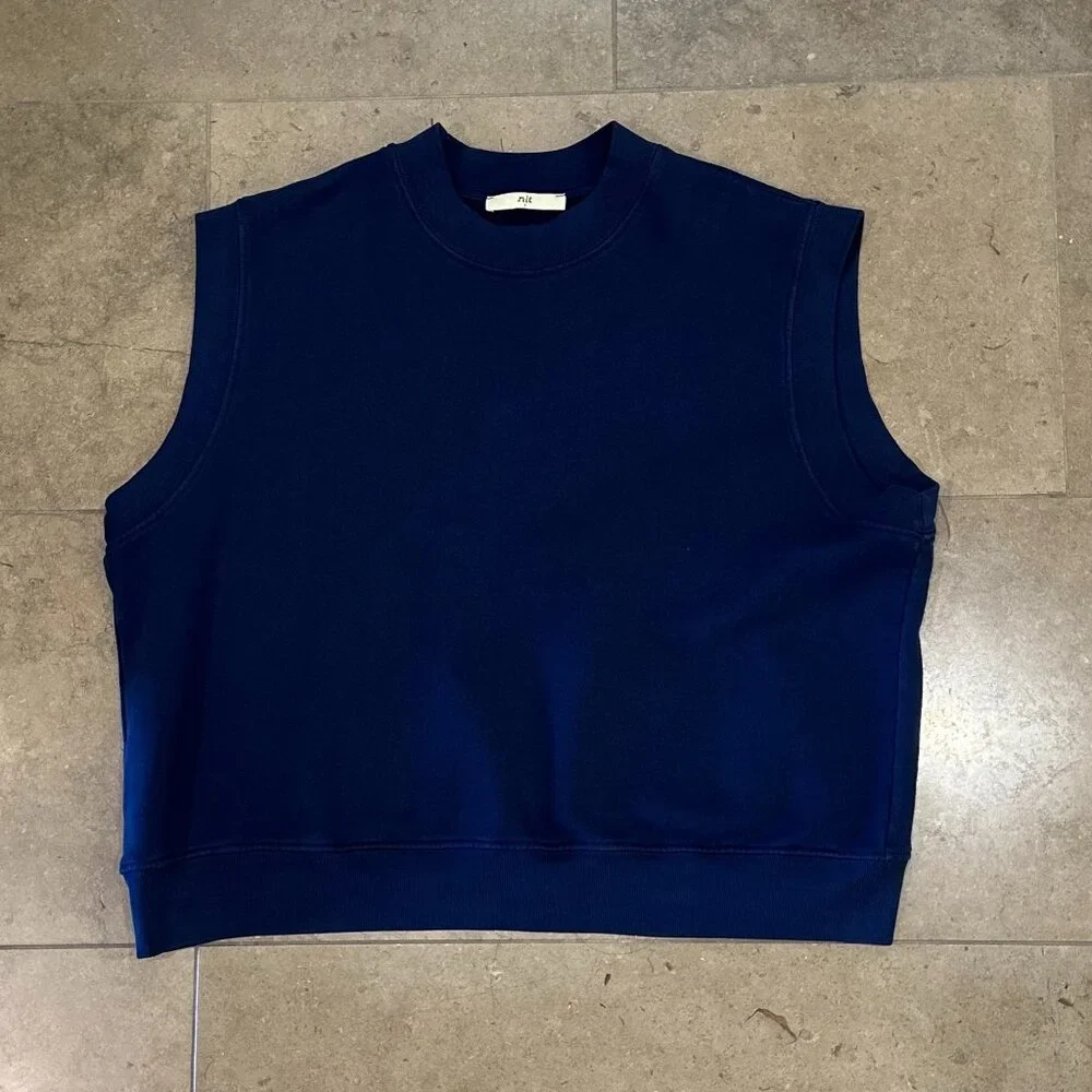 (NWOT) NLT Cotton-Fleece Boxy Garment-Dye Sleeveless Sweatshirt Vest (True Navy) - Picture 11 of 16